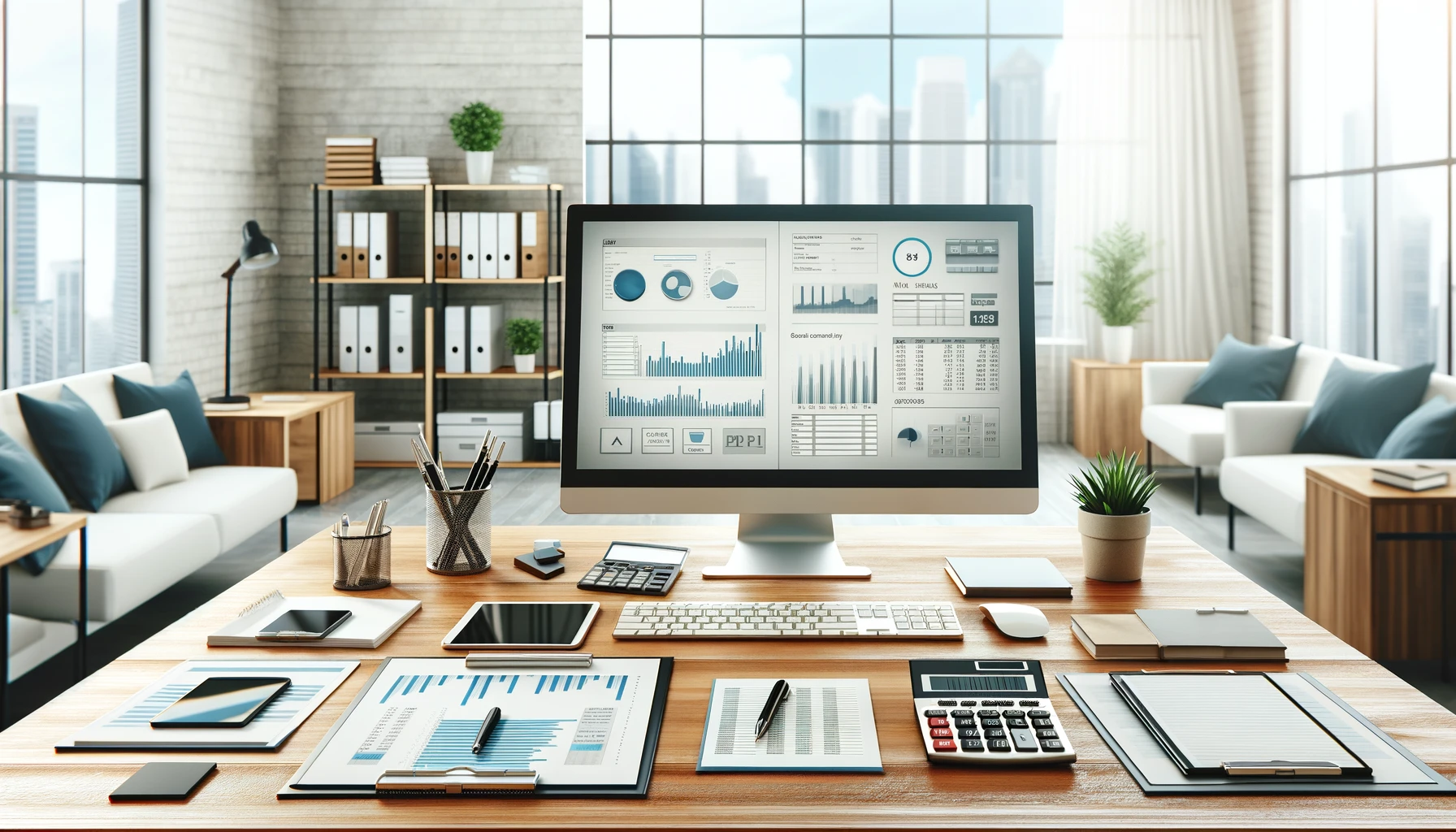 Wide, clean and professional image that reflects a well-maintained accounting office. Visualize elements like a polished wooden desk with mod.webp